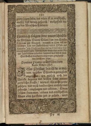 Hiernach folgen zwo unterschiedliche Missiven Ponti Pilati [...]