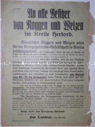 Ankündigung der Beschlagnahme aller Getreidevorräte