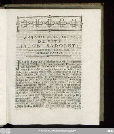 Antonii Florebelli De Vita Iacobi Sadoleti S.R.E. Presbyteri Cardinalis Commentarius.