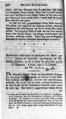 Recherches historiques et politiques sur Malte : ornées de gravures, représentant les médailles antiques, et de la carte de cette isle ... / par Onorato Bres. - Paris : Cramer, VII [1798/1799]