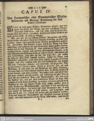 Caput IV. Von Harmonischer oder Symmetrischer Säulen-Proportion und General-Eintheilung der fünf Säulen-Ordnungen