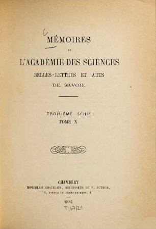 Mémoires de l'Académie de Savoie. 10. 1885