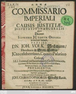 De Commissario Imperiali In Causis Iustitiae, Disputatio Inauguralis
