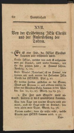 XVII. Von der Erscheinung Jesu Christi und der Auferstehung der Todten.