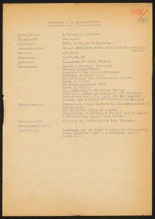 Schauspielhaus, Frankfurt/Main: Schriftstück zum Fragebogen für das Handbuch »Das Deutsche Theater«
