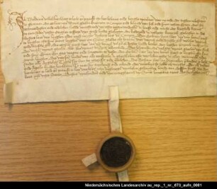 Der Pfarrer Theodoricus Valken in Larrelt beurkundet einen Verkauf von Grundbesitz im Woltzeter Hammrich durch Wyart Gheelen in Campen an das Kloster Langen = OUB II, Nr. 1405, S. 422 Anhängendes Siegel erhalten