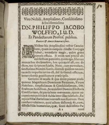 Viro Nobili, [...] Dn. Philippo Jacobo Wolffio, [...]