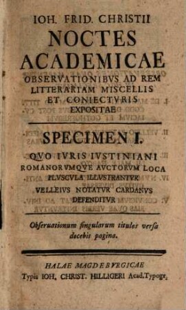 Ioh. Frid. Christii Noctivm Academicarvm Libri Sive Specimina Qvatvor