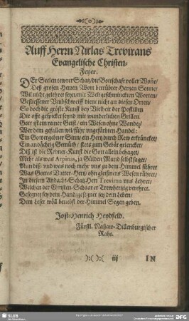 Auff Herrn Niclas Trevirans Evangelische Christen-Feyer