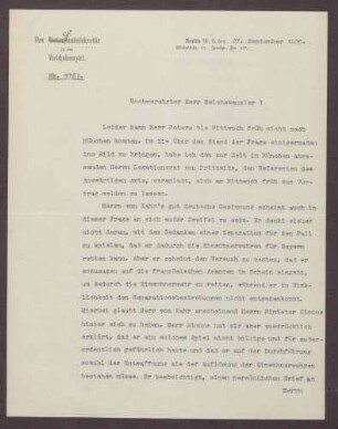 Schreiben von Heinrich Albert an Constantin Fehrenbach, Separationsabsichten in Bayern