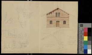 Gebäude mit Fassade aus Backstein und Details (Freitreppe, Dachkonstruktion)