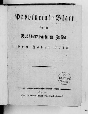 1818: Provinzial-Blatt für das Großherzogthum Fulda