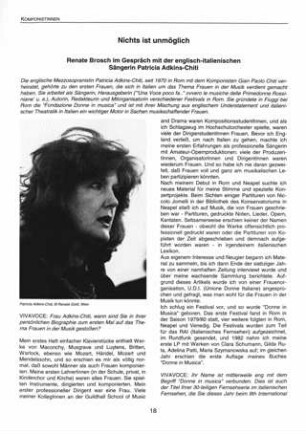 Nichts ist unmöglich : Renate Brosch im Gespräch mit der englisch-italienischen Sängerin Patricia Adkins-Chiti