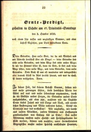 Ernte=Predigt, gehalten in Eichede am 17. Trinitatis=Sonntage den 3. October 1830.