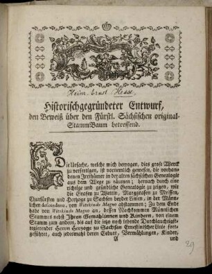Historisch gegründeter Entwurf, den Beweiß über den Fürstl. Sächsischen original-StammBaum betreffend