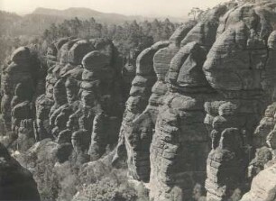 Elbsandsteingebirge. Basteigebiet. Unterer Hirschgrund mit Kleinem Hirschgrundturm. Blick zum Großen Bärenstein