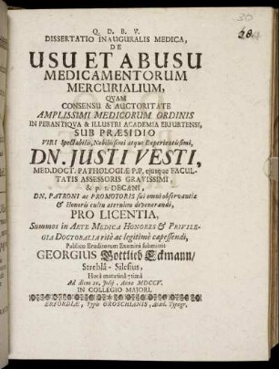 Dissertatio Inauguralis Medica, De Usu Et Abusu Medicamentorum Mercurialium