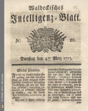 No. 20. Dienstag den 4ten Merz 1777