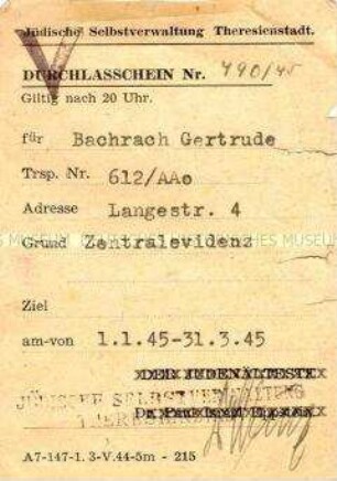 Passierschein der Jüdischen Selbstverwaltung für das Ghetto Theresienstadt