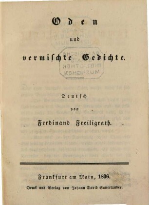 Victor Hugo's sämmtliche Werke, 9. Oden und vermischte Gedichte