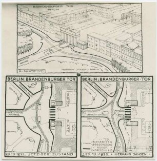 Platz des 18. März [Platz vor dem Brandenburger Tor], Berlin-Tiergarten Verkehrsregulierungsvorschläge: perspektivische Ansicht und zwei Straßenführungspläne