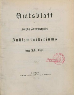 1897: Amtsblatt des Württembergischen Justizministeriums