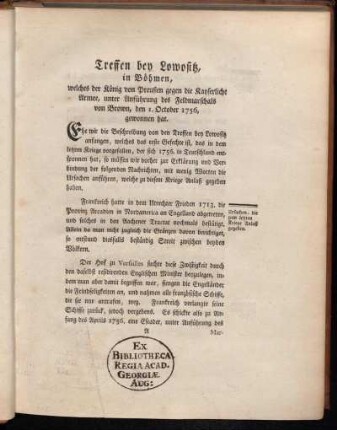 Treffen bey Lowositz, in Böhmen, [...].