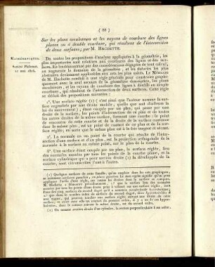 Sur les plans asculateurs et les rayons de courbure des lignes planes ou à double courbure, qui résultent de l´intersection de deux surfaces;