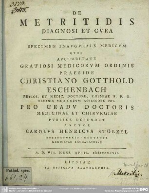 De Metritidis Diagnosi Et Cura : Specimen Inaugurale Medicum