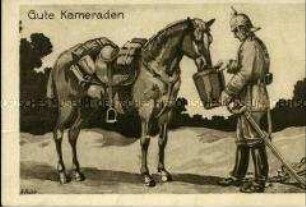 Deutscher Infanterist füttert sein Pferd