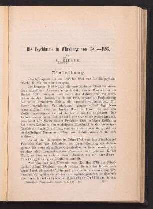 [I. Theil]: Die Psychiatrie in Würzburg von 1583 - 1893