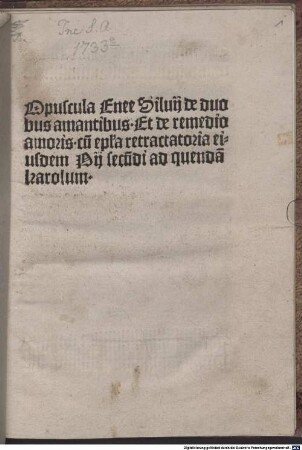 Historia de duobus amantibus Euryalo et Lucretia : an Marianus Sozinus, Wien 3.7.1444. Mit Vorrede des Autors an Kaspar Schlick