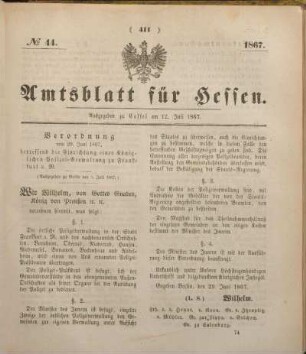№ 44. Ausgegeben zu Cassel am 12. Juli 1867.