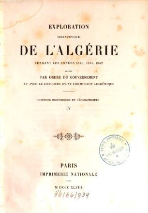 Exploration Scientifique De L'Algérie Pendant Les Années 1840, 1841, 1842. 4