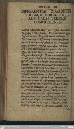Differentiae Quarundam Vocum, Memoriae Puerorum Causa Versibus Comprehensae