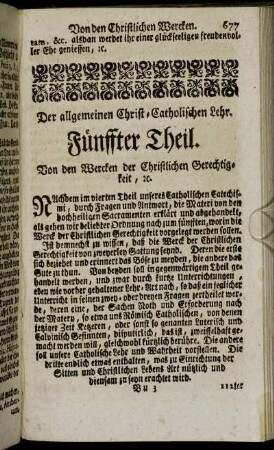 Fünffter Theil. Von den Wercken der Christlichen Gerechtigkeit, etc.