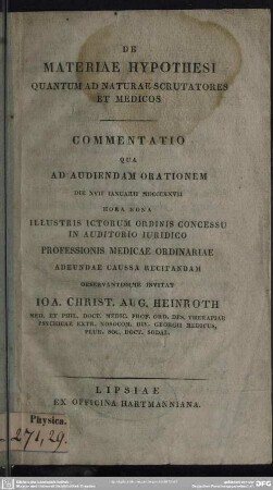 De materiae hypothesi quantum ad naturae scrutatores et medicos