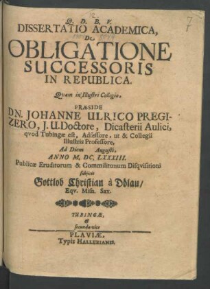 Dissertatio Academica, De Obligatione Successoris In Republica