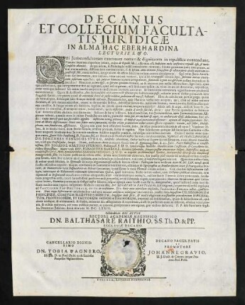 Decanus Et Collegium Facultatis Juridicae In Alma Hac Eberhardina Lecturis S. & O.