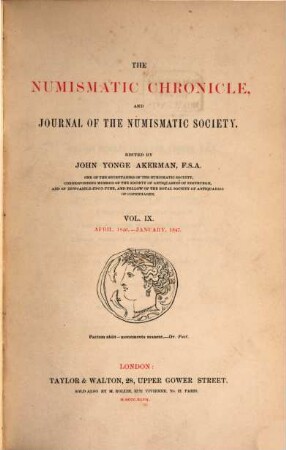 The numismatic chronicle. 9. 1846/47. - 1847
