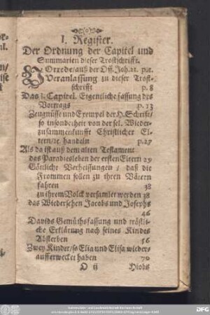 I. Register. Der Ordnung der Capitel und Summarien dieser Trostschrifft.
