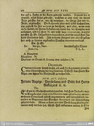 Num. Act. XXXII. Fernere Anzeige, Vorstellung und Bitte des Herrn Anklägers rc. rc.