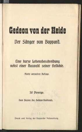 Gedeon von der Heide - der Sänger von Boppard : eine kurze Lebensbeschreibung nebst einer Auswahl seiner Gedichte