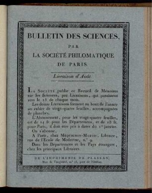 Bulletin Des Sciences, Par La Société Philomatique De Paris. Livraison d' Août.
