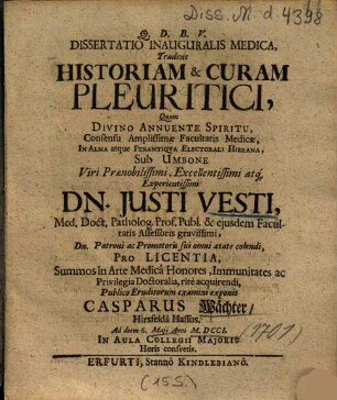 Dissertatio Inauguralis Medica, Tradens Historiam & Curam Pleuritici
