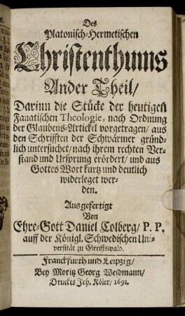 Theil 2: Das Platonisch-Hermetisches Christenthum. Ander Theil