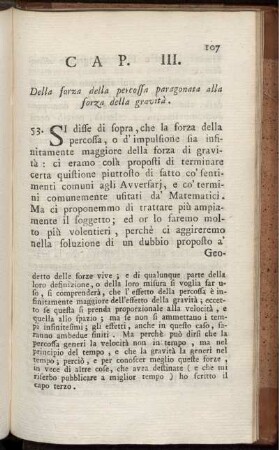 Cap. III. Della forza della percossa paragonata alla forza della gravità.