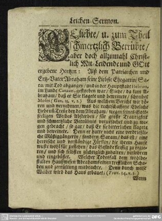Leichenpredigt : Leichen-Sermon. Der begehrte Leichen-Text wird beschrieben ... Eingang zur Predigt. Abhandlung Des geschehenen Vortrags.