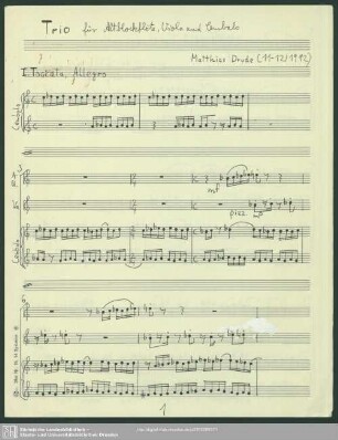 Trio für Altblockflöte, Viola und Cembalo : (1992)