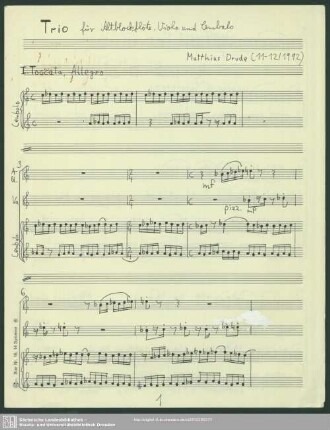 Trio für Altblockflöte, Viola und Cembalo : (1992)
